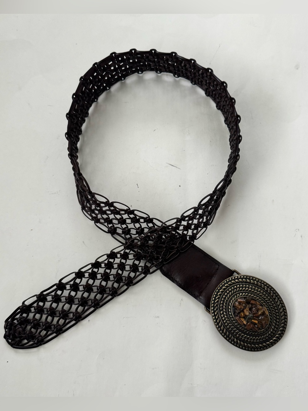 Vintage Y2K Woven Leather Belt Ornate Stone Buckle Western Boho Braided Large L
